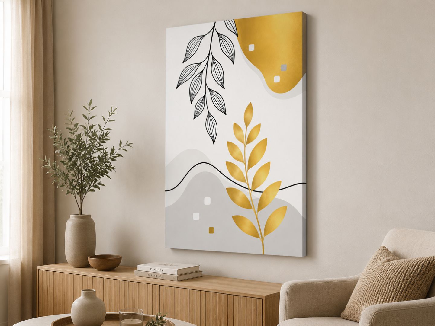 Tablou canvas abstract botanic cu frunze aurii văzut din unghi într-un interior minimalist