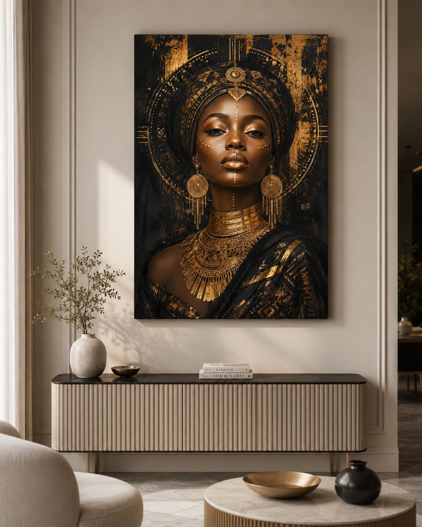 Tablou canvas vertical cu portret african negru și auriu expus într-un interior elegant