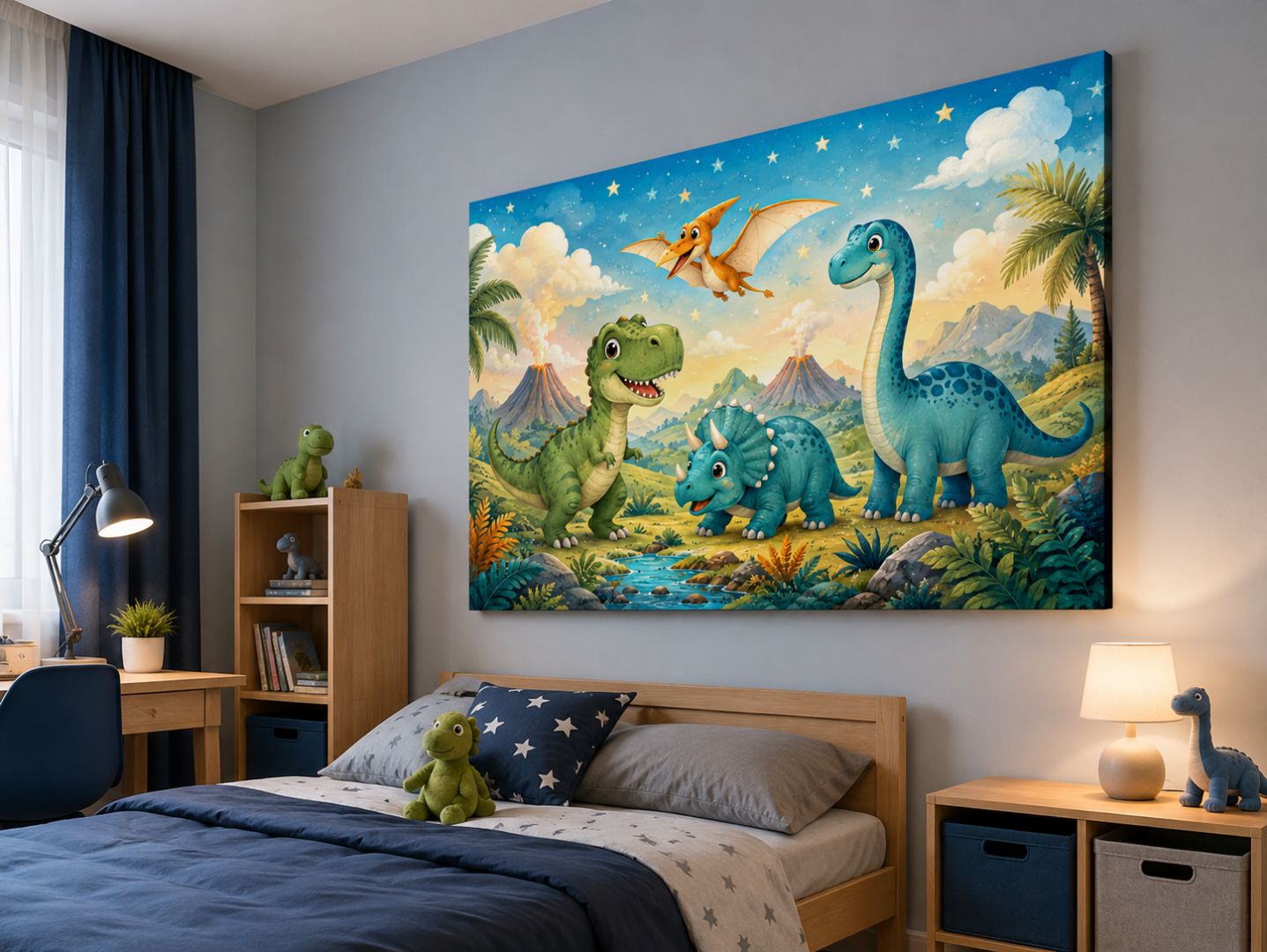 Tablou canvas cu dinozauri si vulcani vazut din unghi intr-o camera moderna pentru baieti