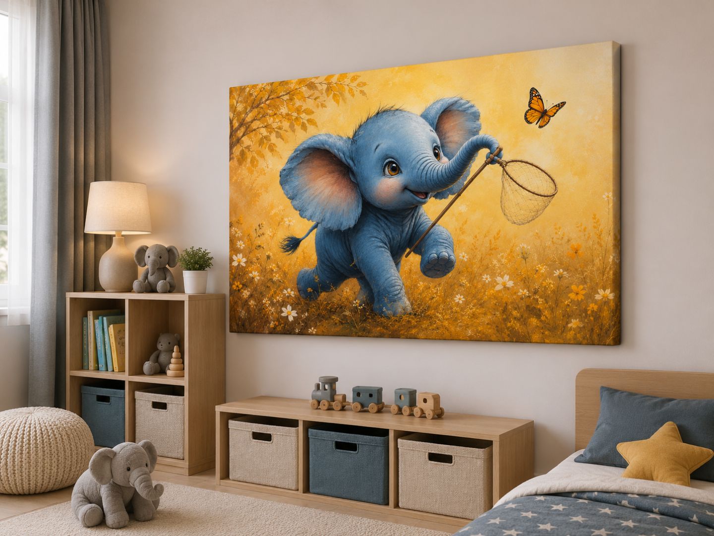 Tablou canvas cu elefantel albastru vazut din unghi intr-o camera moderna pentru copii