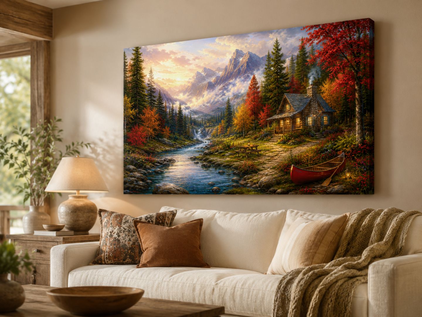 Tablou canvas cu peisaj montan, cabană și râu văzut din unghi într-un living rustic elegant