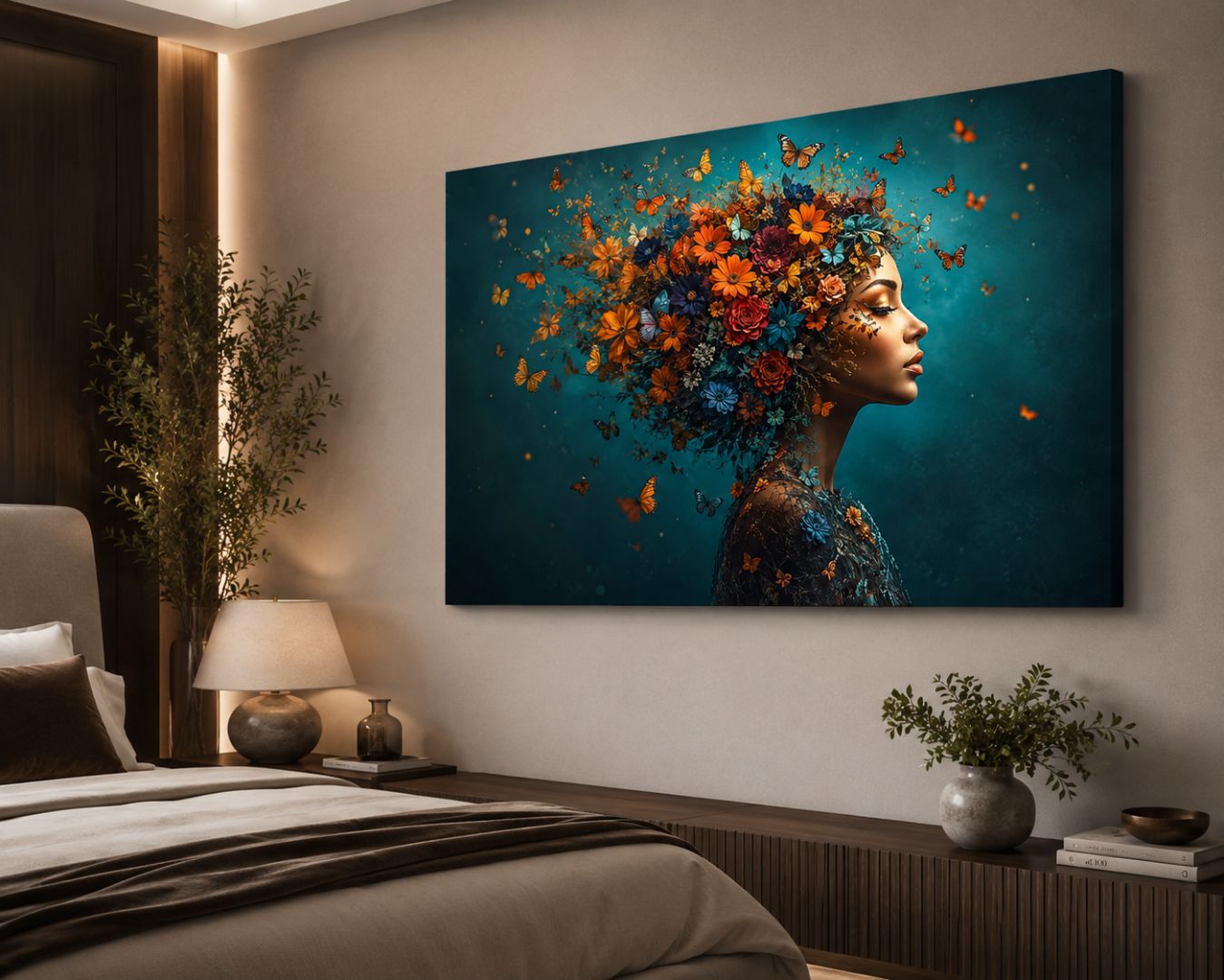 Tablou canvas cu portret feminin floral și fluturi văzut din unghi într-un dormitor modern