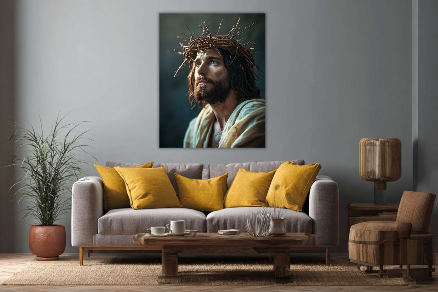 Tablou Portret Iisus Hristos agățat într-un living modern