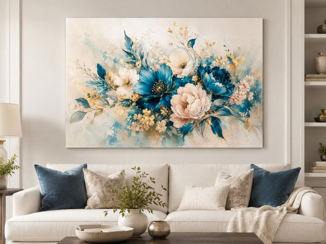 Tablou canvas floral albastru și auriu amplasat deasupra unei canapele crem
