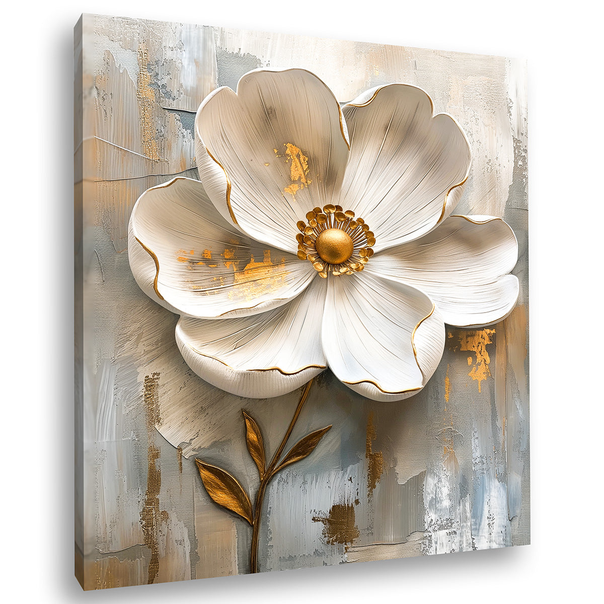 Tablou floral modern pe canvas cu floare albă și accente aurii, ideal pentru decor interior elegant