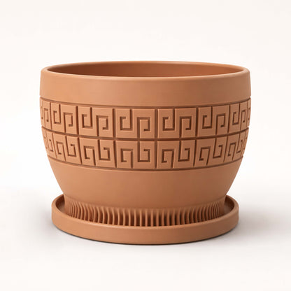 Ghiveci decorativ Atena din plastic, cu model grecesc, disponibil în dimensiunile 17x13 cm și 22x18 cm