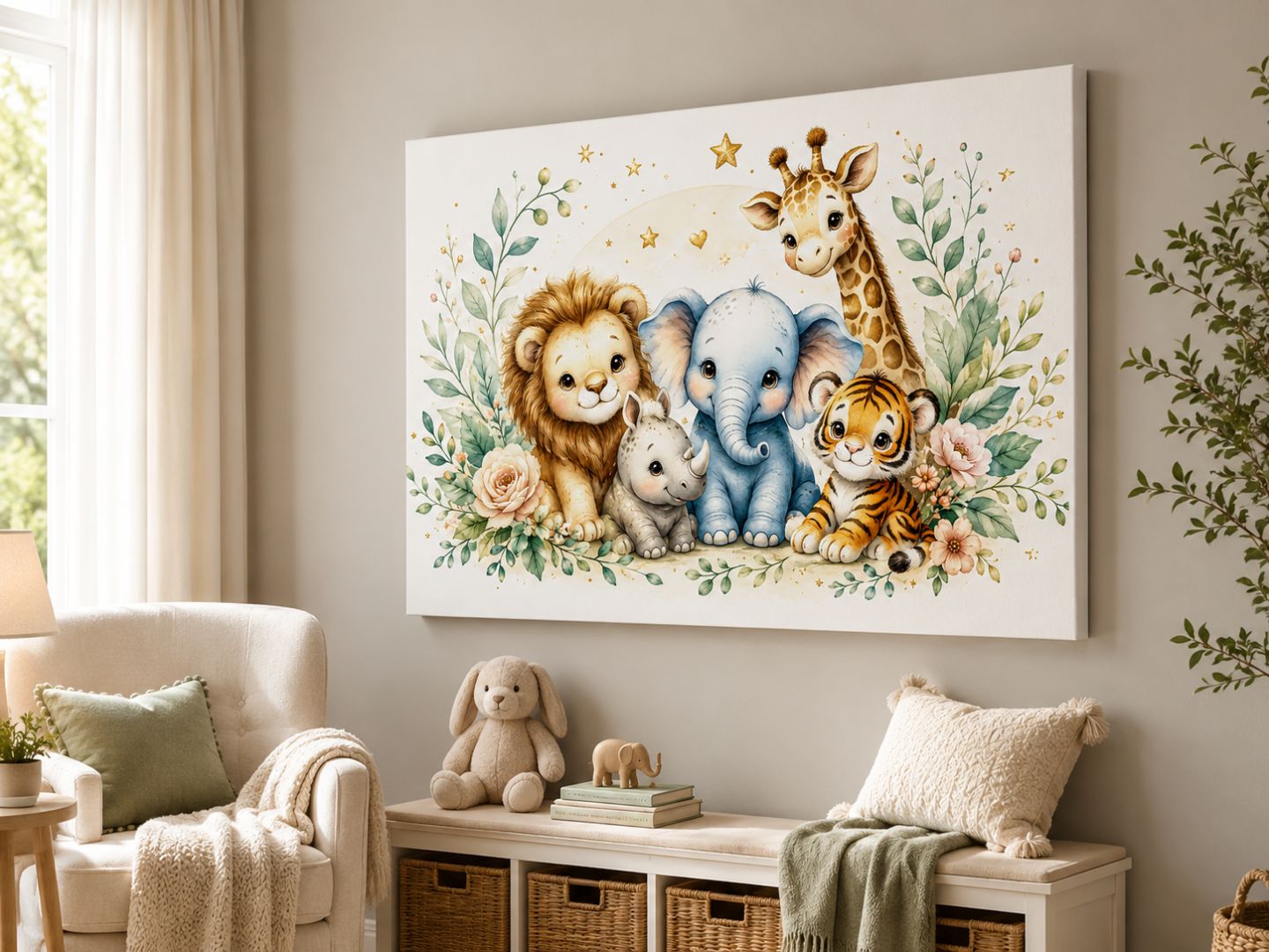 Tablou canvas pentru copii cu animale safari văzut din unghi într-o cameră pastelată