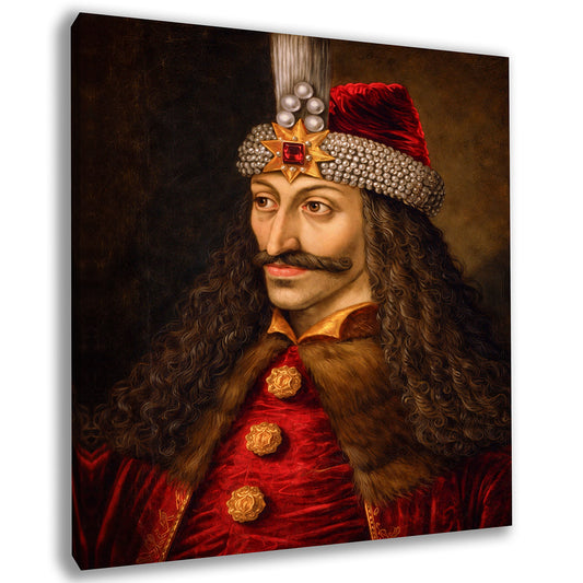 Portret istoric Vlad Țepeș, pictură în ulei restaurată digital pe tablou canvas premium de la Decoralin.