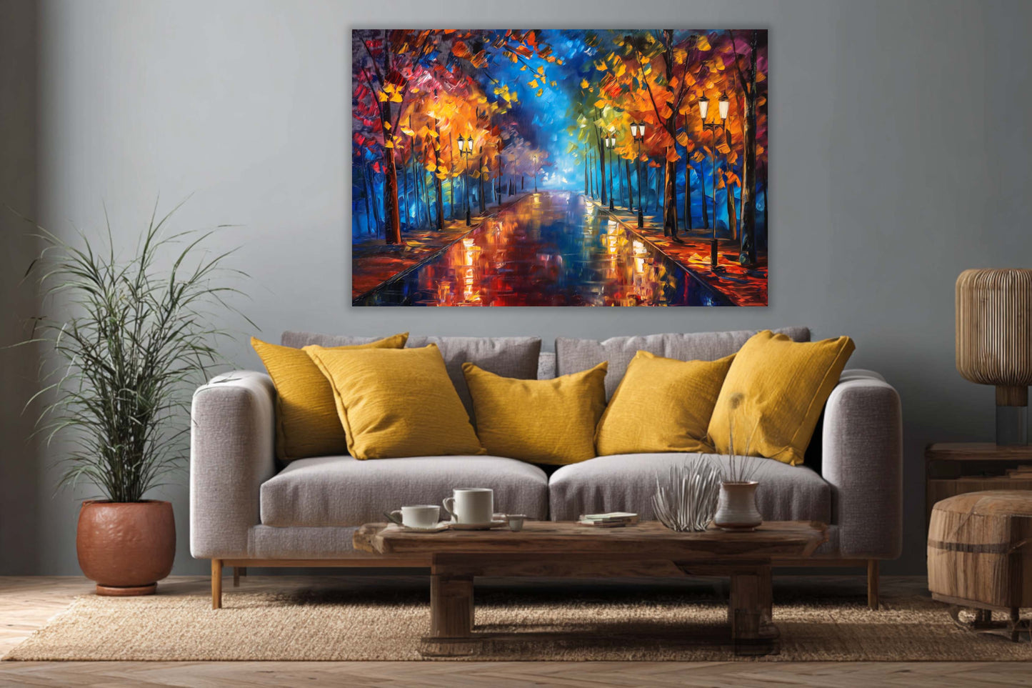 Tablou abstract cu peisaj de toamnă amplasat într-un living modern, decor elegant cu artă colorată