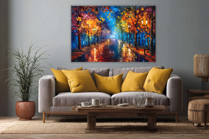Tablou abstract cu peisaj de toamnă amplasat într-un living modern, decor elegant cu artă colorată