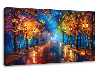 Tablou canvas abstract cu alee de toamnă, culori intense și reflexii pe asfalt umed, artă modernă pentru decor interior