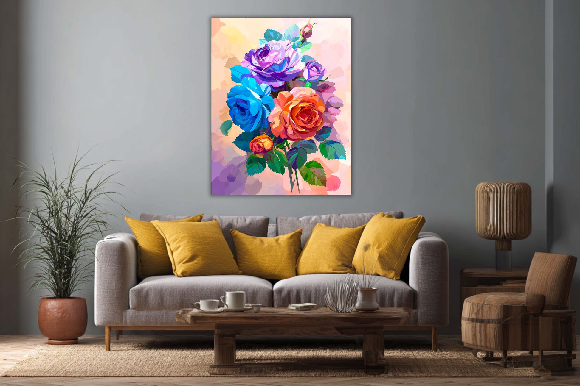 Tablou canvas floral cu trandafiri colorați, expus într-un living modern, decor elegant pentru interior