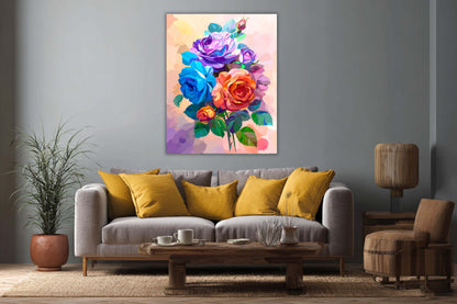 Tablou canvas floral cu trandafiri colorați, expus într-un living modern, decor elegant pentru interior