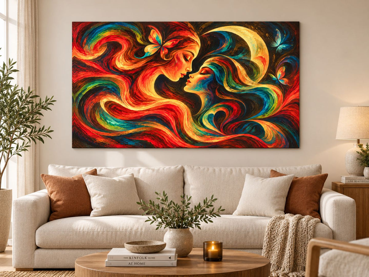 Tablou canvas abstract cu două chipuri feminine și lună expus frontal deasupra unei canapele într-un living modern