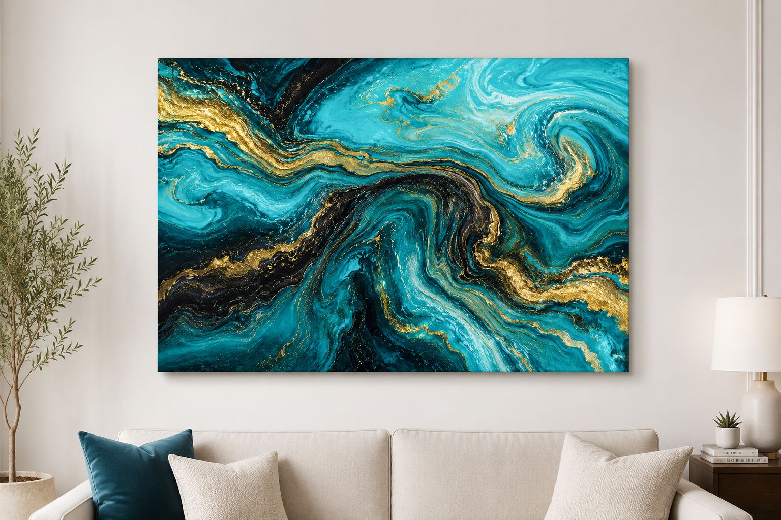 Tablou canvas abstract turcoaz și auriu expus frontal într-un living luminos