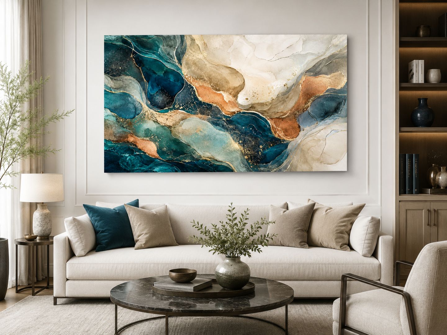 Tablou canvas abstract turcoaz și auriu expus frontal deasupra unei canapele într-un living elegant