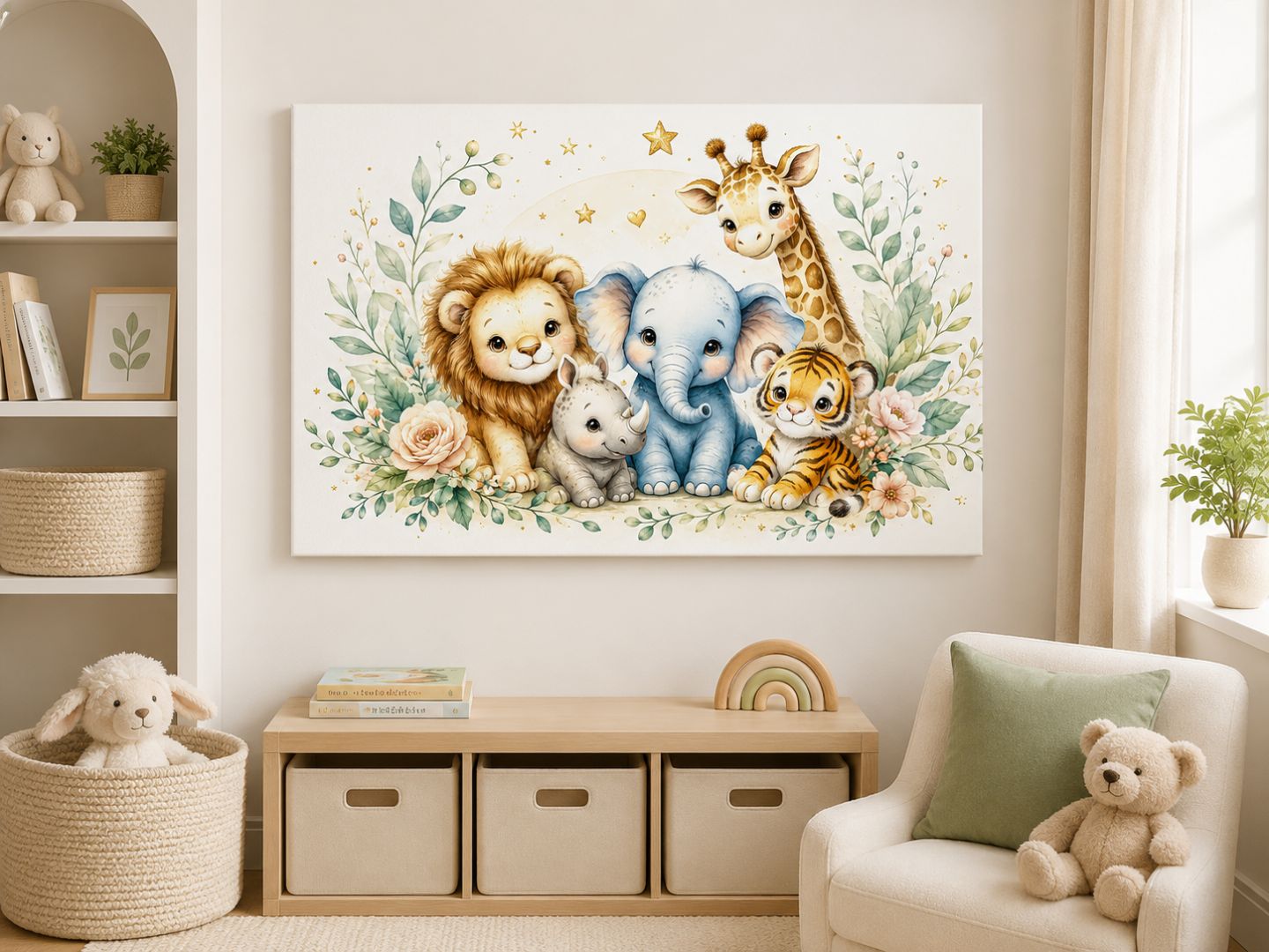 Tablou canvas cu animale safari expus frontal într-o cameră luminoasă pentru copii