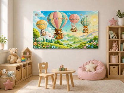 Tablou canvas cu animăluțe în baloane colorate expus frontal într-o cameră luminoasă pentru copii