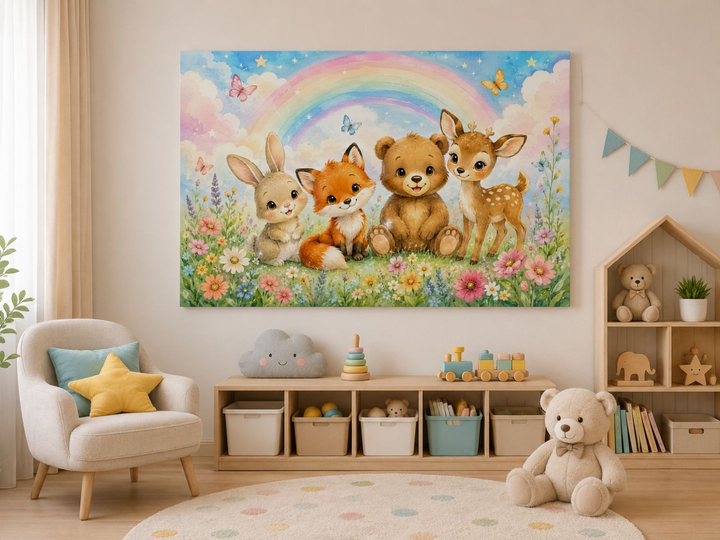 Tablou canvas cu animăluțe și curcubeu expus frontal într-o cameră luminoasă pentru copii