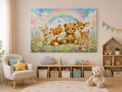 Tablou canvas cu animăluțe și curcubeu expus frontal într-o cameră luminoasă pentru copii