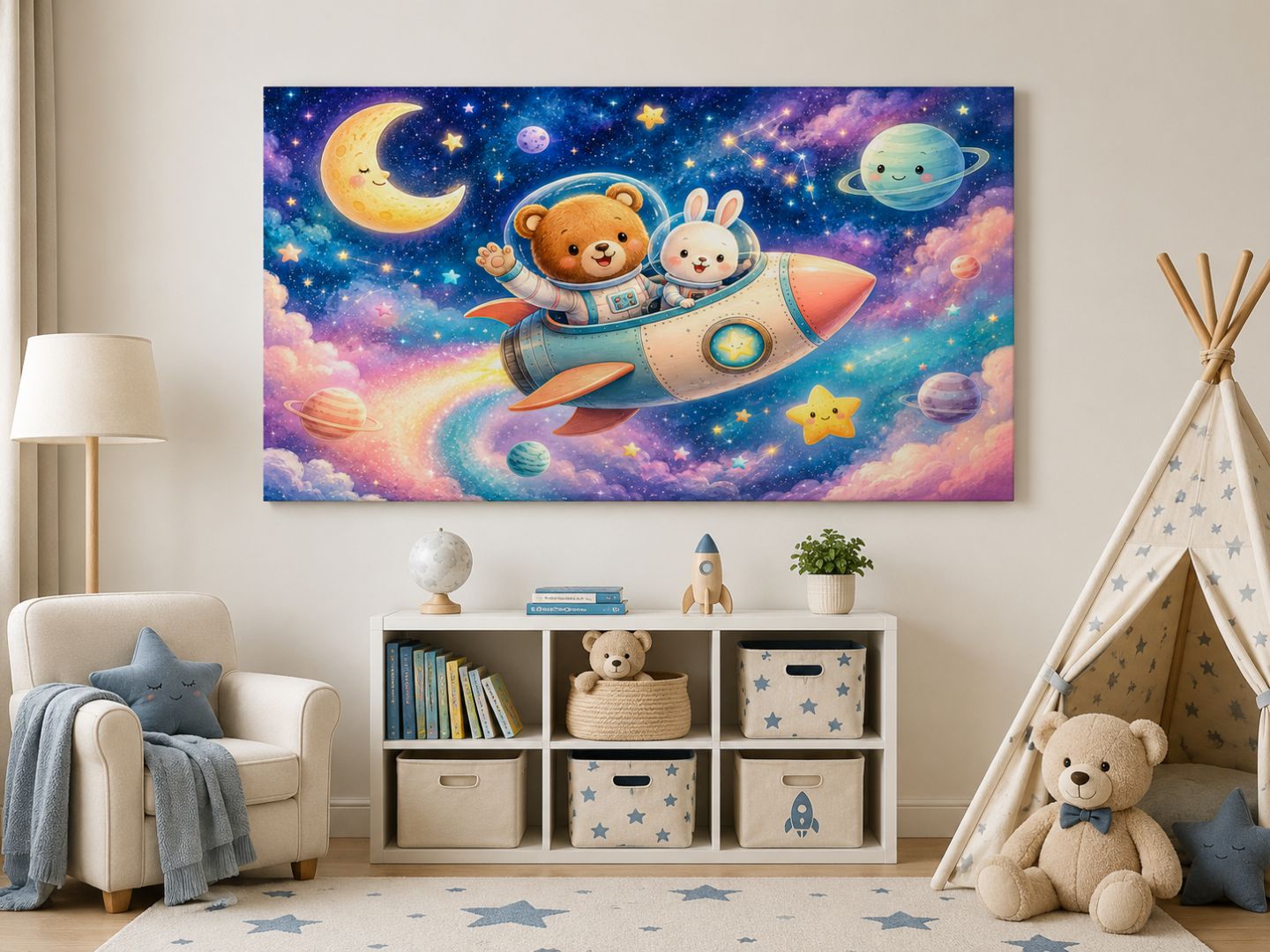 Tablou canvas cu ursuleț și iepuraș astronauți expus frontal într-o cameră modernă pentru copii