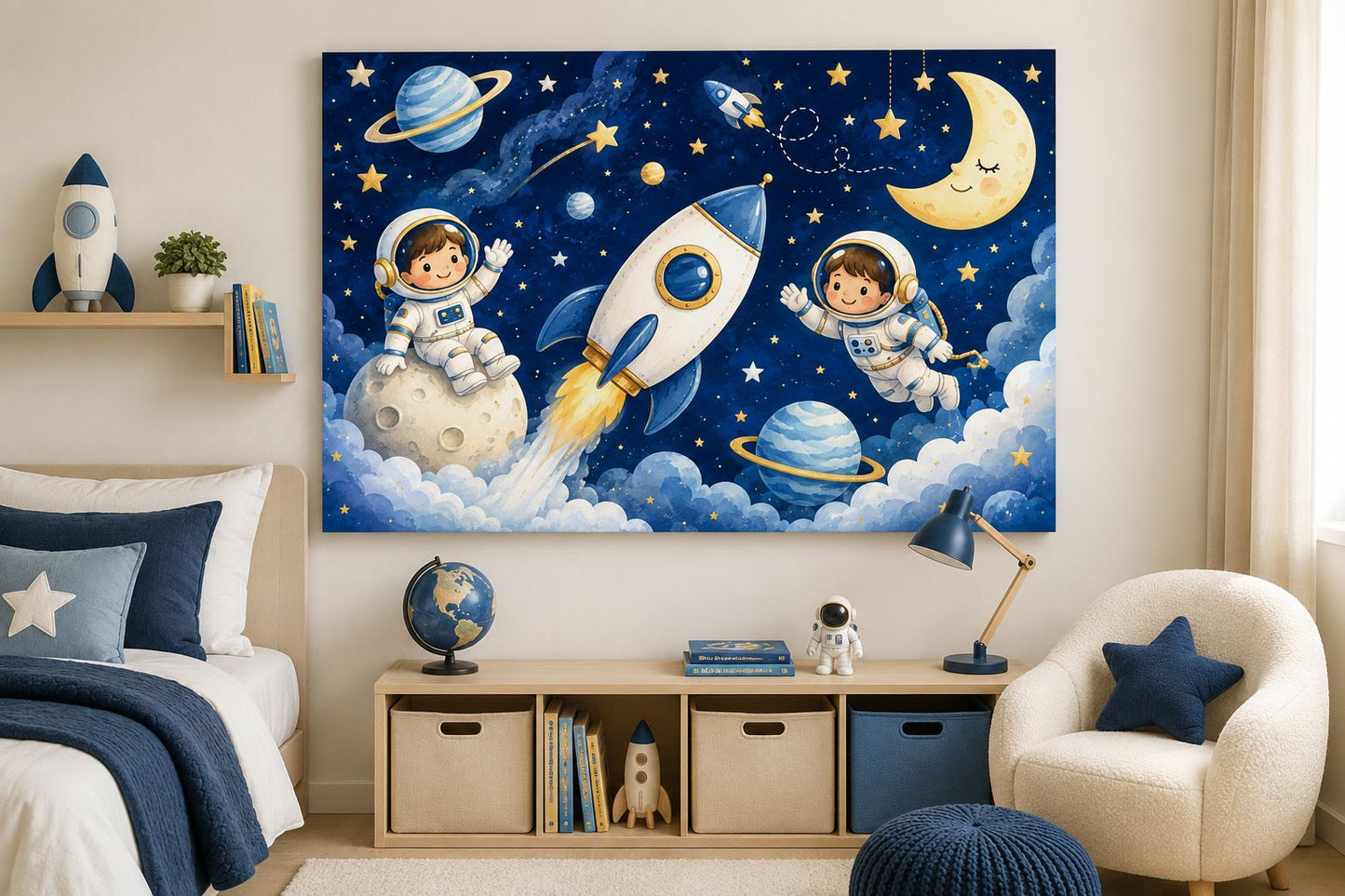 Tablou canvas cu astronauți și rachetă expus frontal într-o cameră modernă pentru băieți