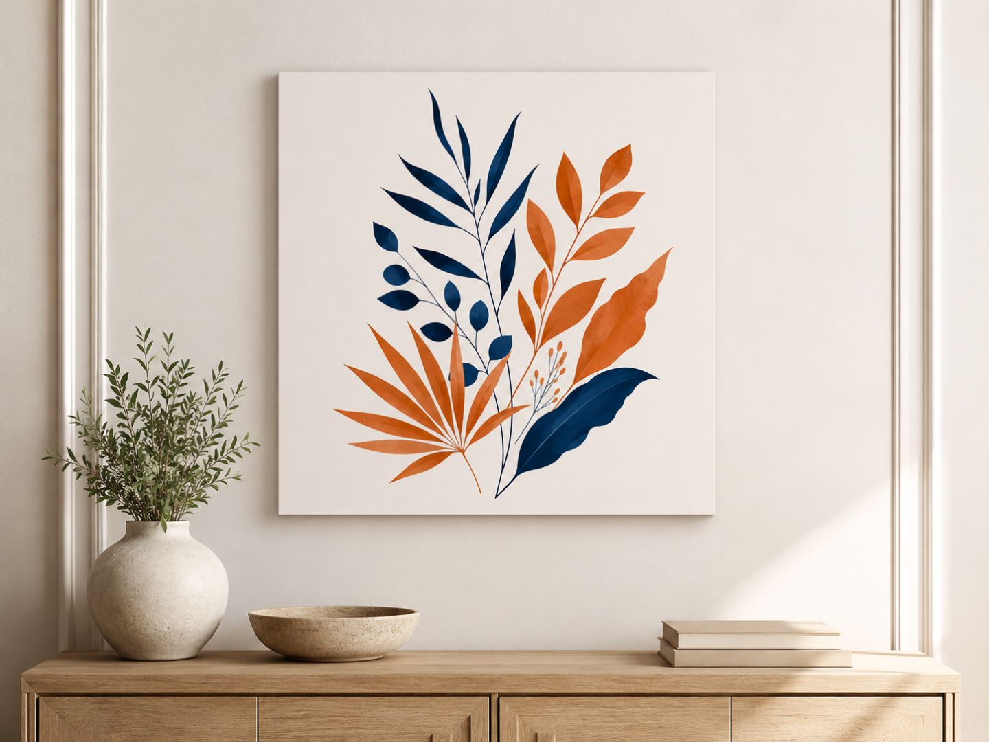 Tablou canvas botanic cu frunze bleumarin și teracotă expus frontal deasupra unei comode din lemn