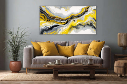 Tablou Canvas Abstract Fluid Art: Vârtej Galben, Negru și Gri