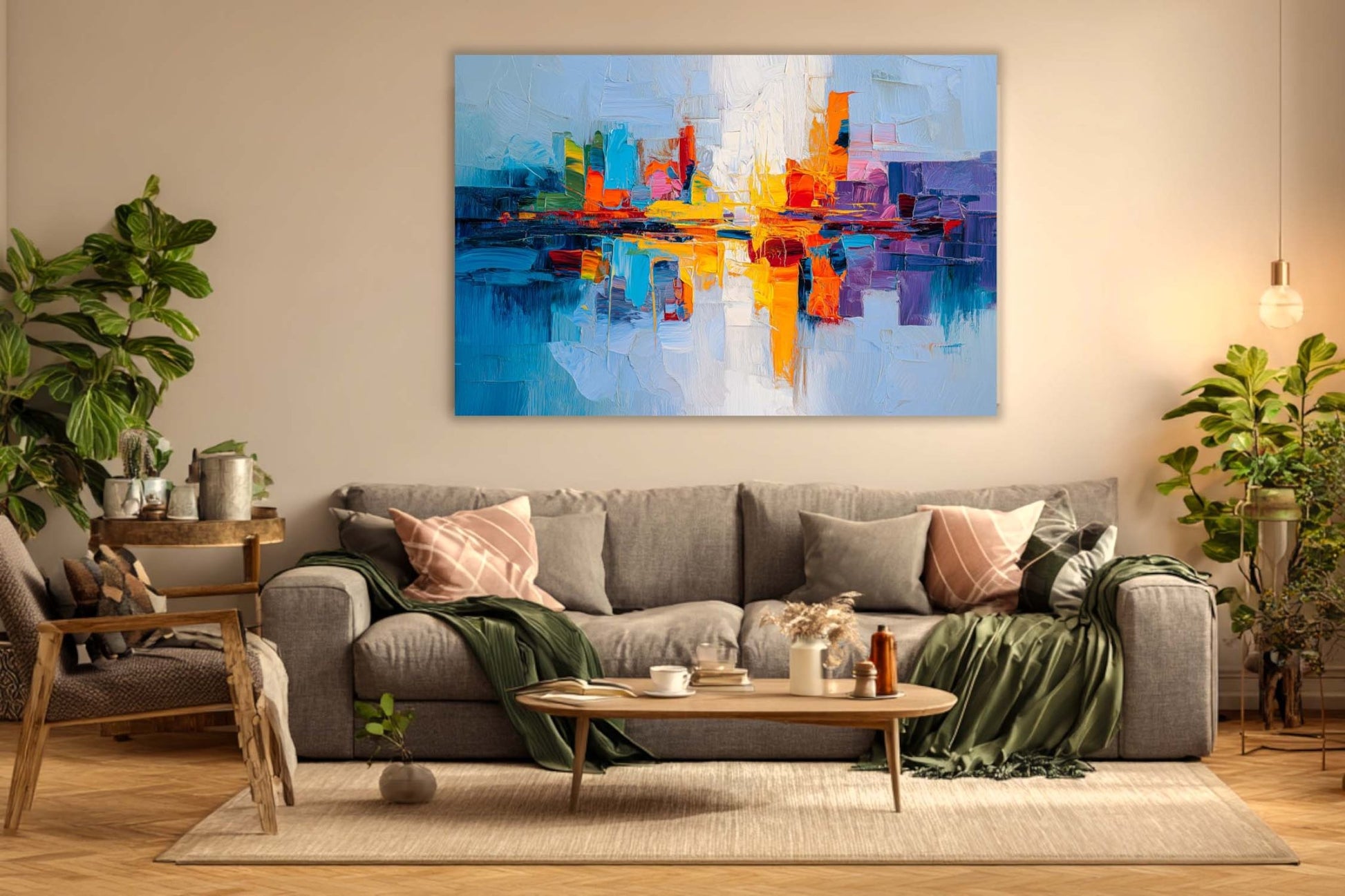 Tablou Canvas Abstract "Simfonie Urbană" - Artă Modernă Multicoloră pentru Living, Pictură Texturată cu Peisaj Urban