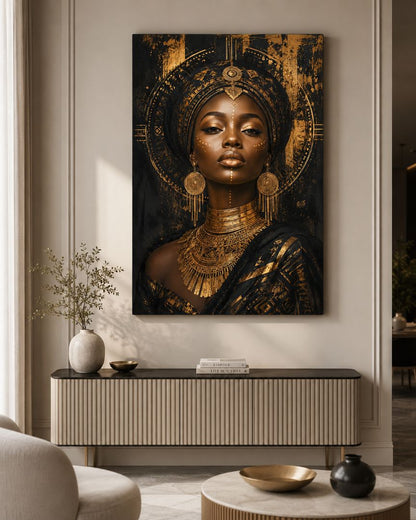 Tablou canvas vertical cu portret african negru și auriu expus într-un interior elegant