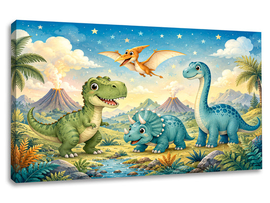 Tablou canvas Aventura Dinozaurilor cu tiranozaur, triceratops, dinozaur cu gat lung si pterodactil