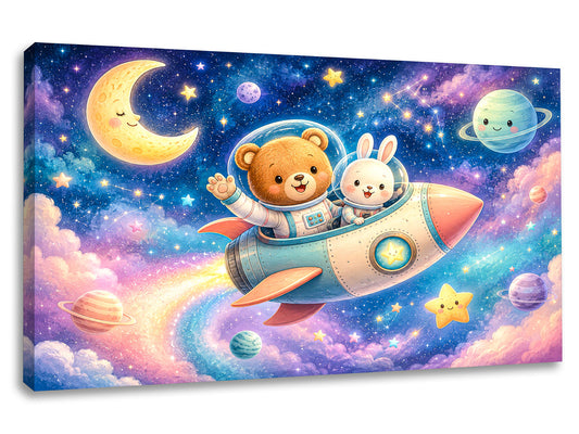 Tablou canvas Aventură Printre Stele cu ursuleț și iepuraș astronauți, planete și stele pentru camera copiilor