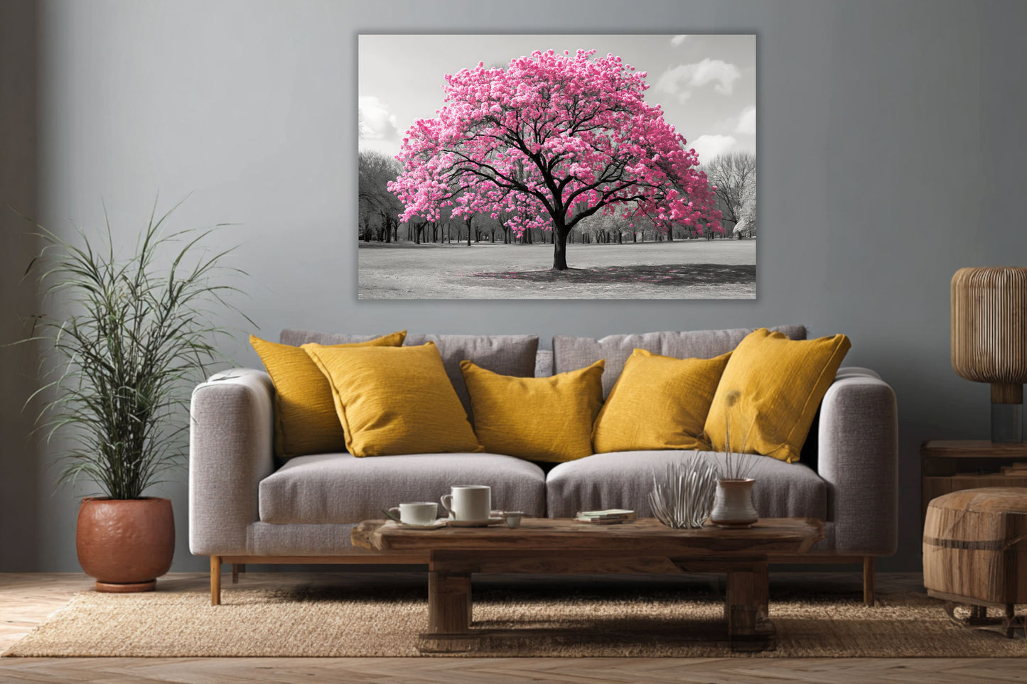 Tablou canvas cu copac înflorit roz montat pe perete într-un living modern