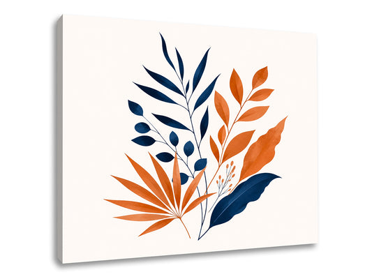 Tablou canvas Echilibru Botanic cu frunze bleumarin și teracotă pe fundal crem