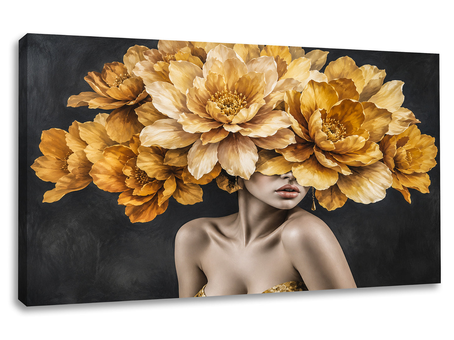 Tablou canvas Eleganță Aurie cu portret feminin și flori aurii pe fundal negru