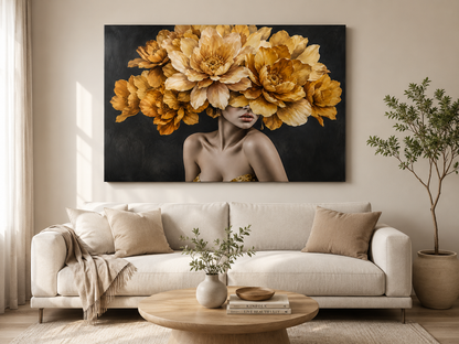 Tablou canvas cu femeie și flori aurii expus pe peretele unui living modern
