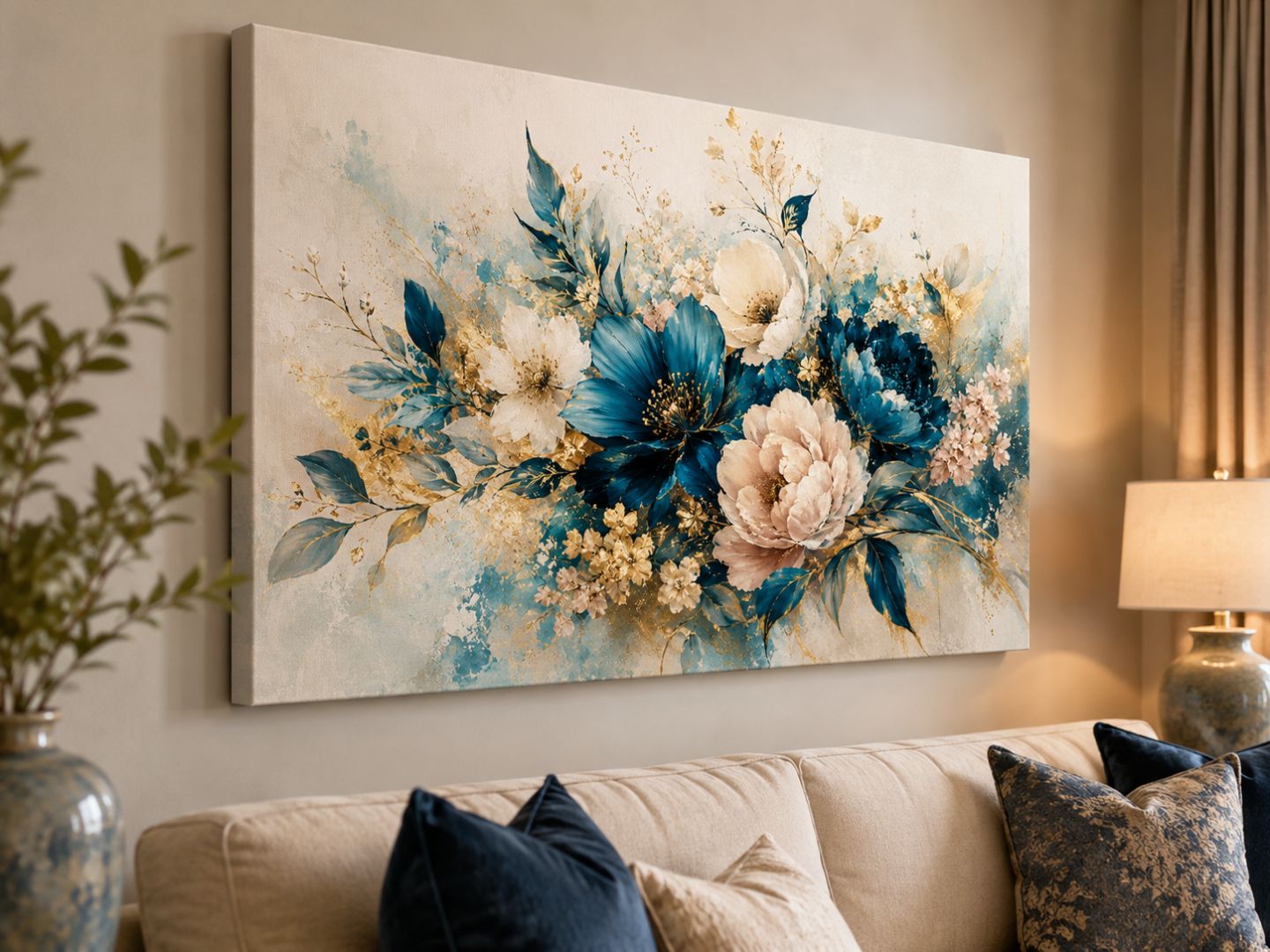 Tablou canvas cu flori albastre și aurii văzut din unghi într-un living elegant