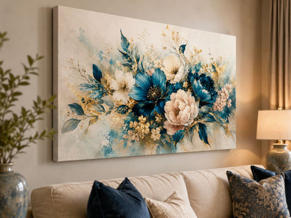 Tablou canvas cu flori albastre și aurii văzut din unghi într-un living elegant