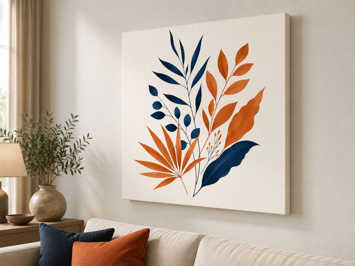 Tablou canvas cu frunze bleumarin și teracotă văzut din unghi într-un living minimalist
