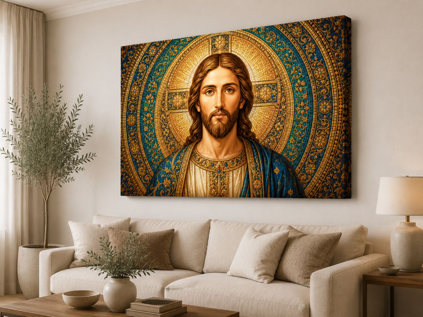 Tablou religios cu Iisus Hristos în nuanțe albastre și aurii văzut din unghi într-un living luminos