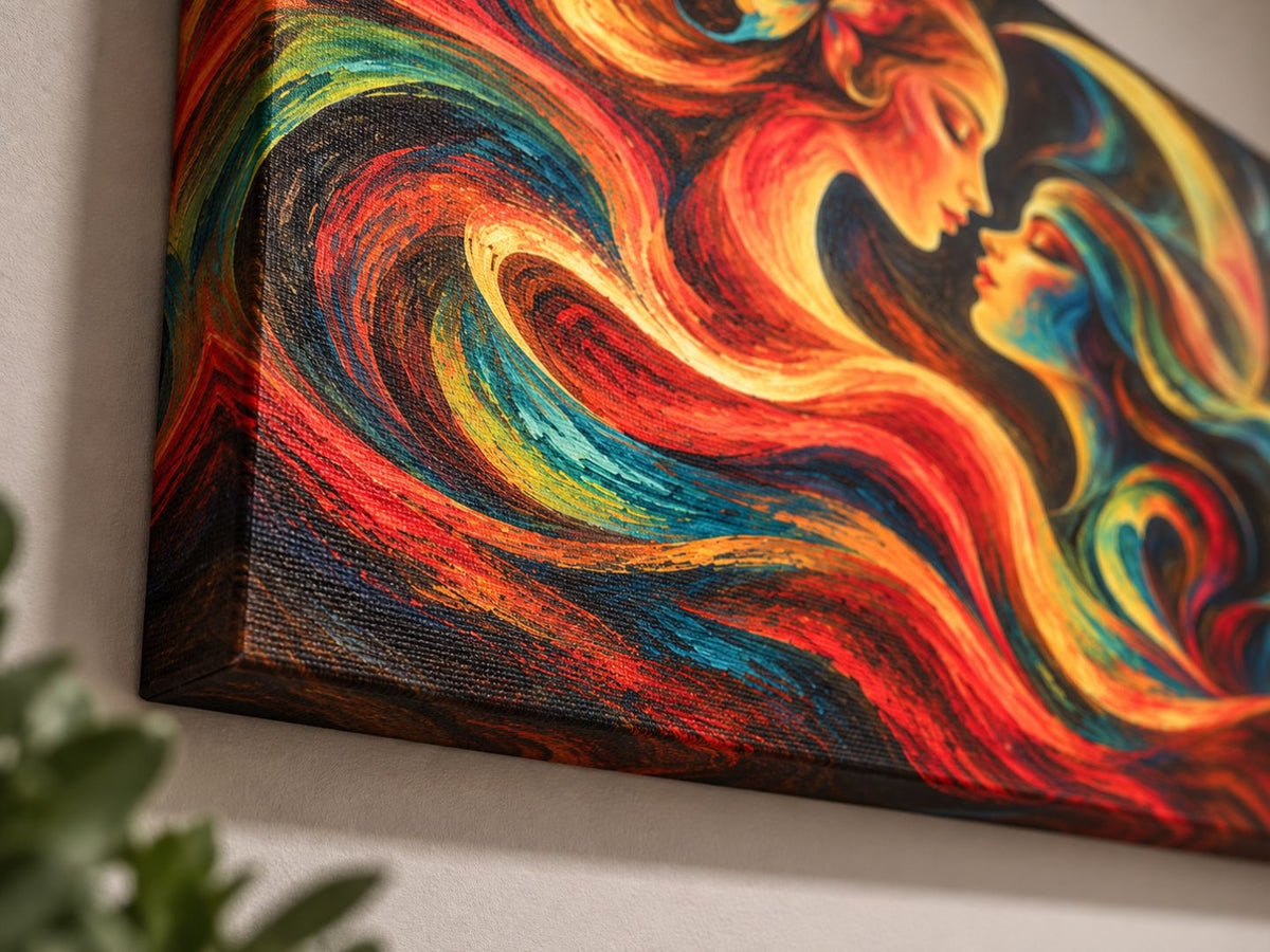 Detaliu de aproape al tabloului canvas Întâlnire Cosmică cu textura pânzei și marginea imprimată