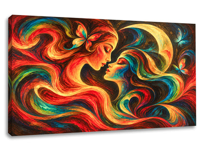 Tablou canvas Întâlnire Cosmică cu două chipuri feminine, lună și fluturi în stil abstract colorat