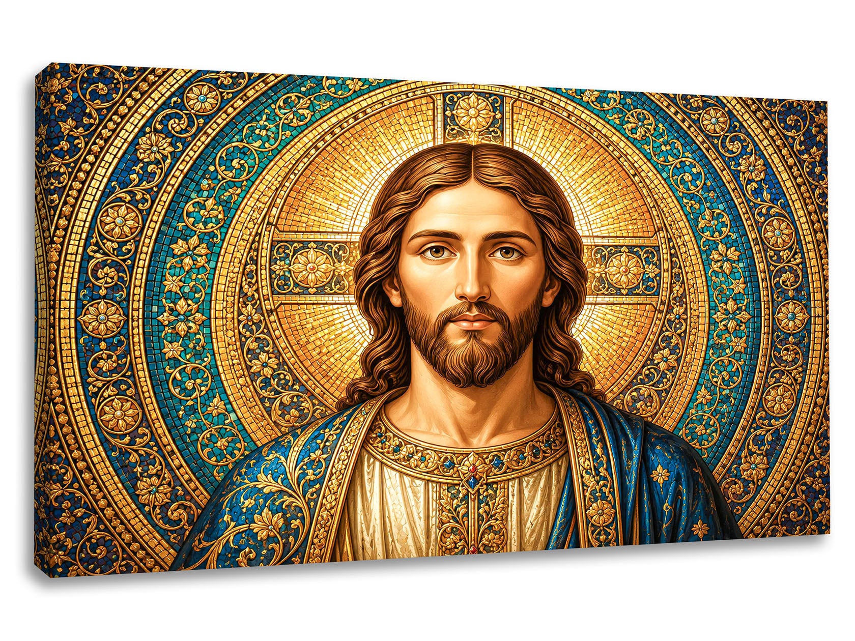Tablou canvas Lumina Divină cu Iisus Hristos în stil mozaic bizantin albastru și auriu