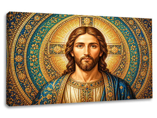 Tablou canvas Lumina Divină cu Iisus Hristos în stil mozaic bizantin albastru și auriu