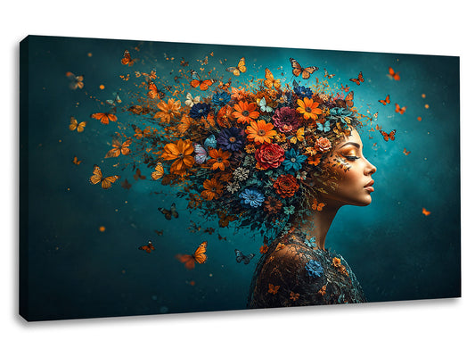Tablou canvas Metamorfoză Florală cu portret feminin, flori colorate și fluturi pe fundal turcoaz