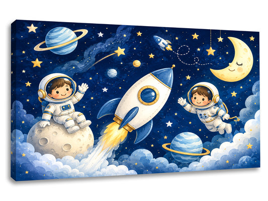 Tablou canvas Misiune în Spațiu cu astronauți, rachetă, planete și stele pentru camera băieților