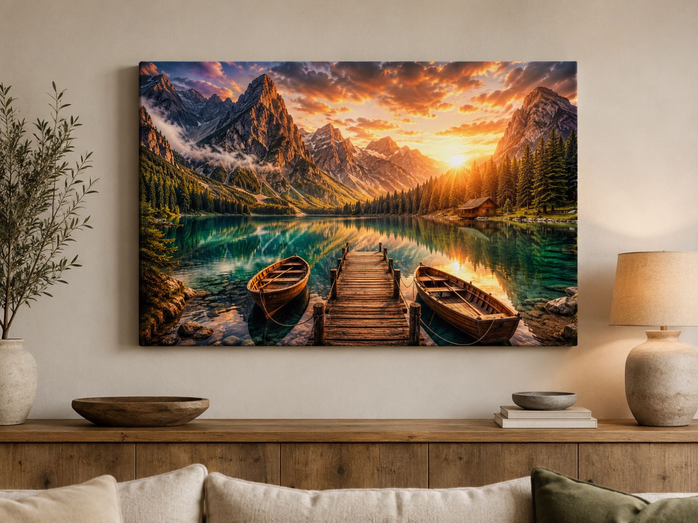 Tablou canvas cu peisaj montan si lac expus pe perete intr-un living modern