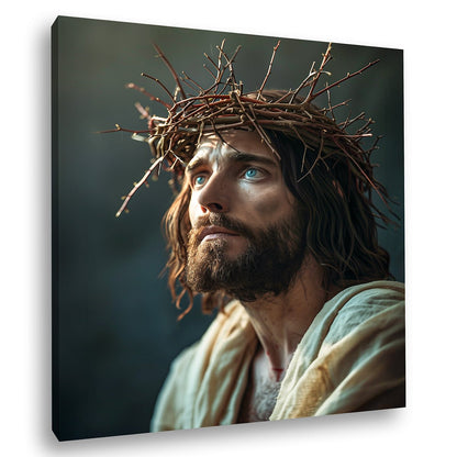 Portret Canvas Iisus Hristos, Coroană de Spini, ochi albaștri, iluminare dramatică