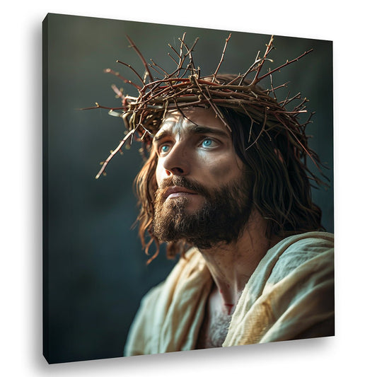 Portret Canvas Iisus Hristos, Coroană de Spini, ochi albaștri, iluminare dramatică