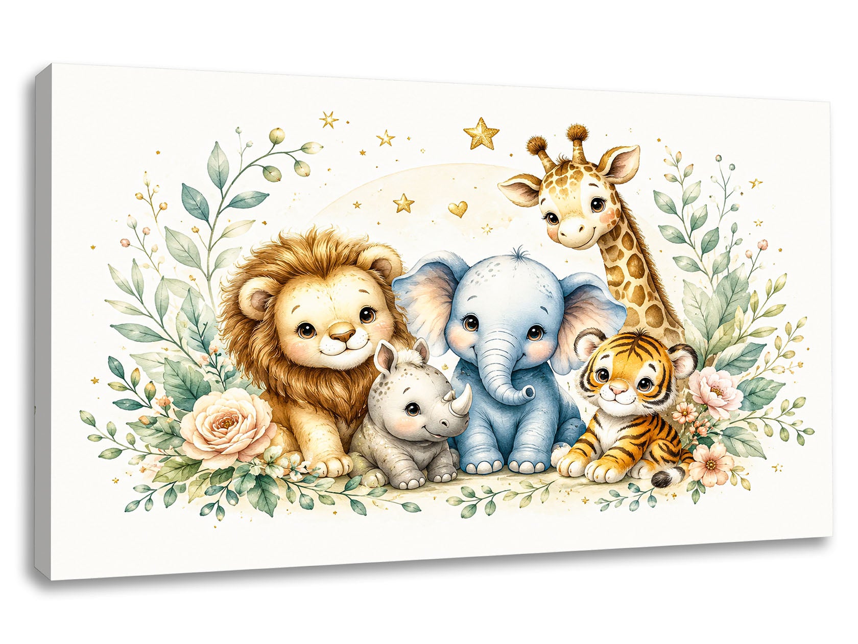 Tablou canvas Prietenii din Safari cu leu, elefant, girafă, tigru și rinocer pentru camera copiilor